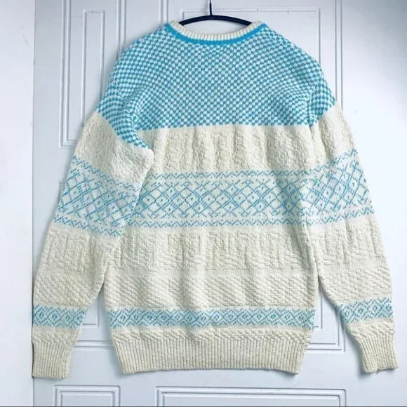 SEARS GRANDPA BLUE OFF WHITE KNIT SWEATER OVERSIZED TOP UNISEX WOMEN MEDIUM - Picture 3 of 10